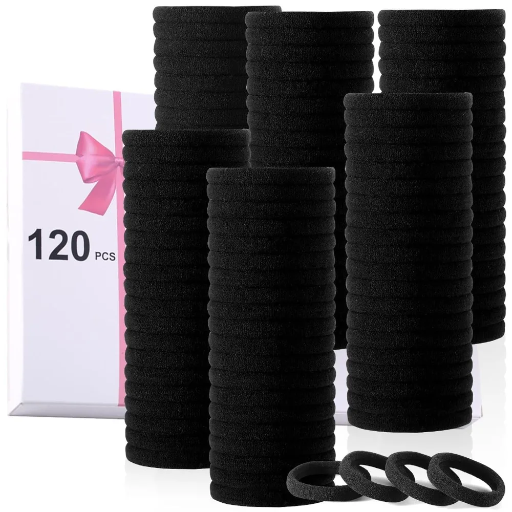 Paquete de 120 Coleteros Negros para Cabello Grueso, Fuerte Sujeción Sin Daños, Elásticos Sin Costuras para Cola de Caballo, Coleteros de Nailon para Mujeres y Niñas, Perfectos para Uso Diario, Entrenamiento, Gimnasio, Deportes y Peinados de Moda, Coleteros Negros Suaves