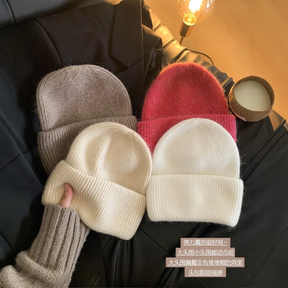 Angora Rabbit Hair Beanie Hat Solid Color Cuffed Skull Cap Elastic Warm Winter Hat Multiple Colors Outdoor Headwear for Women