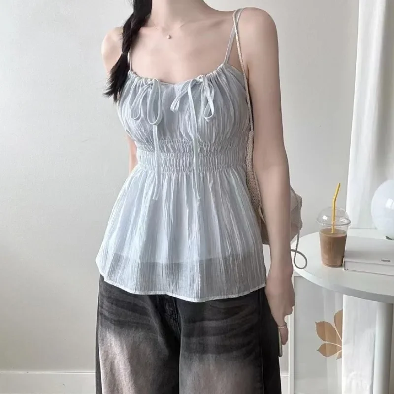 

Women's Casual Sexy Slimming ort Top Strap Vest Korean Sle Lazy Feelings Waist Cinching Ties Pleated Chiffon Blouse