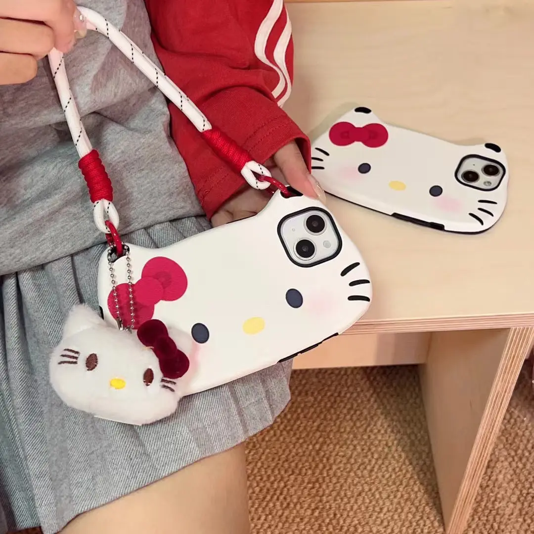 الكرتون الجلد الملمس أحمر الخدود مرحبا كيتي شريط للرسغ جراب هاتف آيفون 16 برو ماكس 15 برو 14 13 التغطية الكاملة الهاتف واقية #5