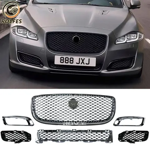 ROLFES Car Front Grille Upper Radiator Mesh Grill For Jaguar XJ XJR 2016 2017 2018 2019 2020 Fog Lamp Frame Plating Grills