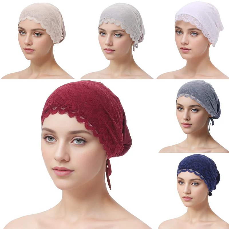 Women's Solid Color Lace Headscarf Cap, Muslim Hair Protection Undercap Suitable for Home Hair Care and Daily Casual Wear
