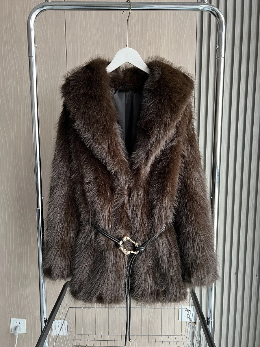 秋冬新作 レディースファッション ラペル ダークブラウン プレミアムベルト フェイクファーコート 女性用 厚手 暖かいコート