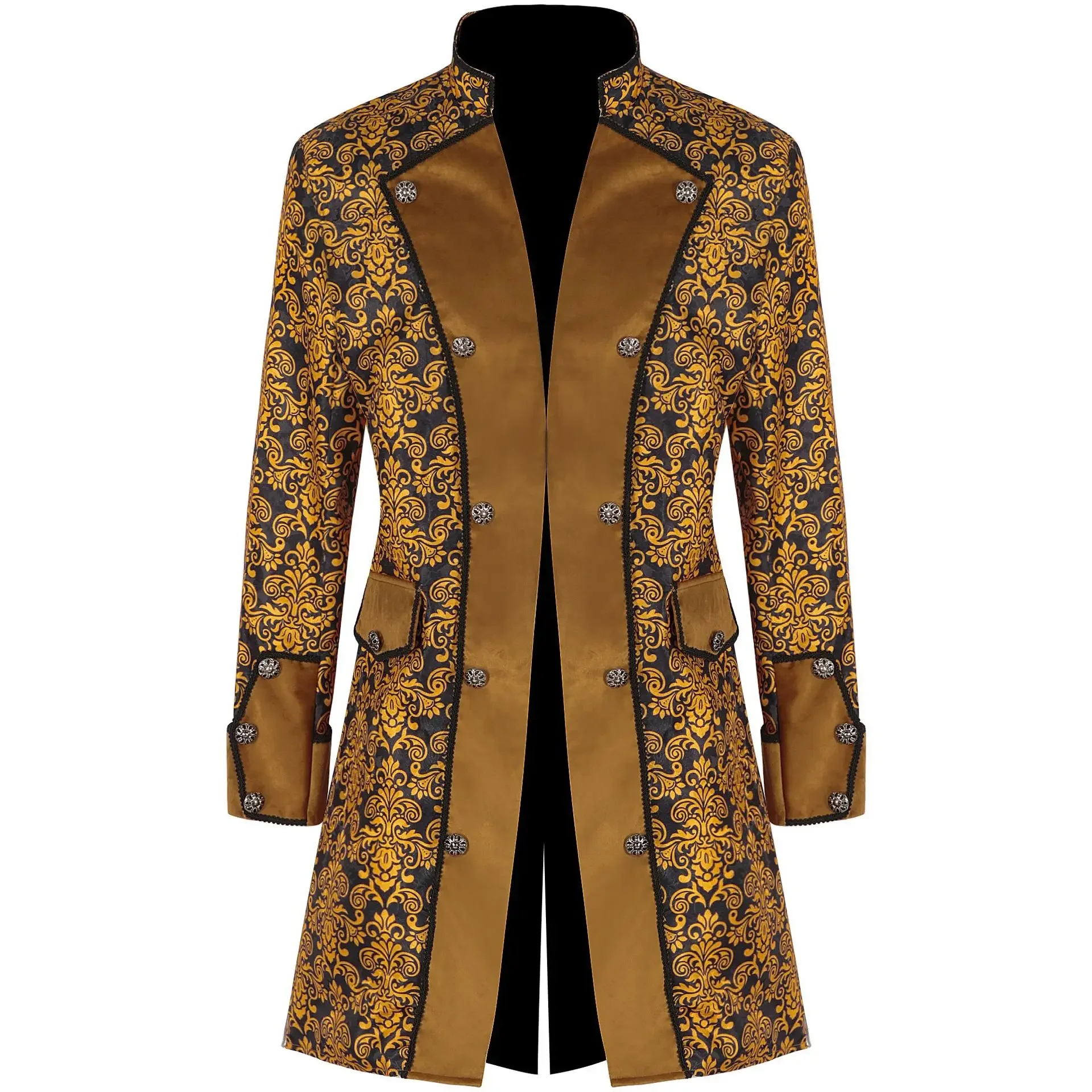 Men Steampunk Coat Medieval Costume Renaissance Retro Trench Double-breasted Uniform Outwear Print Jacket