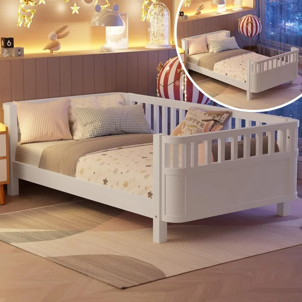 Twin Size Kids Bed with Rails, Wooden Low Beds Frame with Slats Support, Modern Twin Daybed with Detachable Side Rails