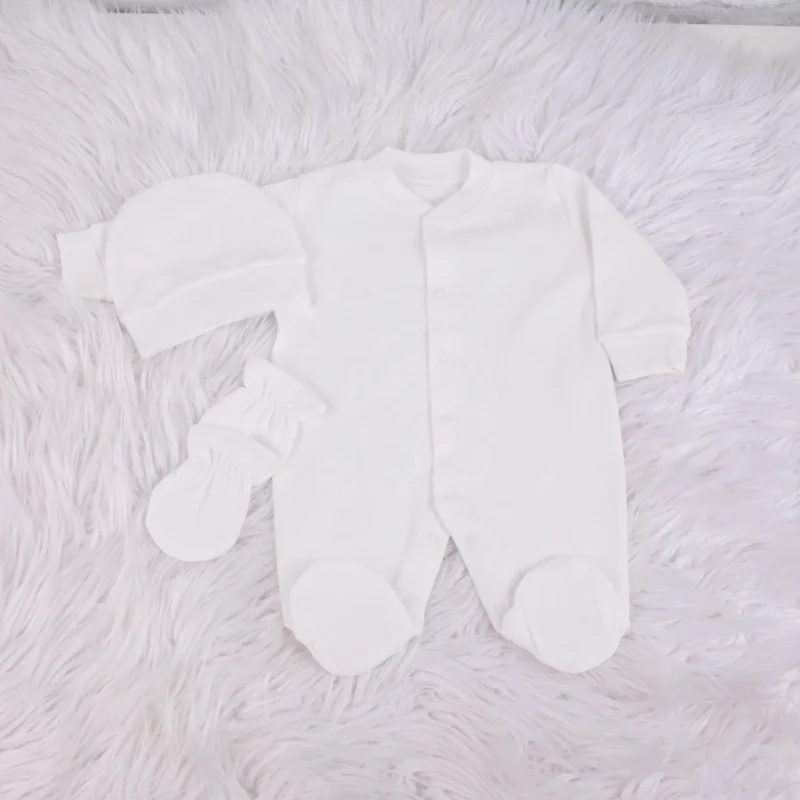 Soft Cotton Newborn Blank Romper 0-9 Months 3Pcs All White Plain Footed Jumpsuit Hat Mittens Set DIY Custom Baby Gift