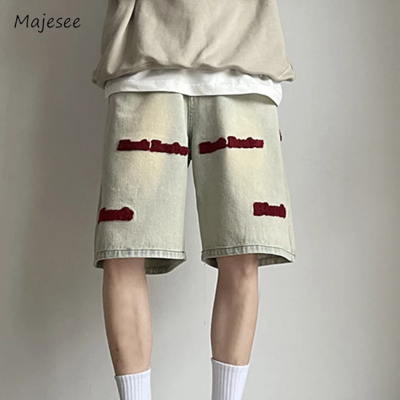 Patchwork Denim Shorts Men Knee Length Vintage European Style Retro Fitness Fashion Streetwear Teenager Unisex Loose Wide Leg