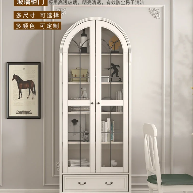 Solid Wood Arch French Style Retro Glass Door with Door Dust-Proof Bookcase Bookcase Customized Wine Cabinet Storage Cabinet