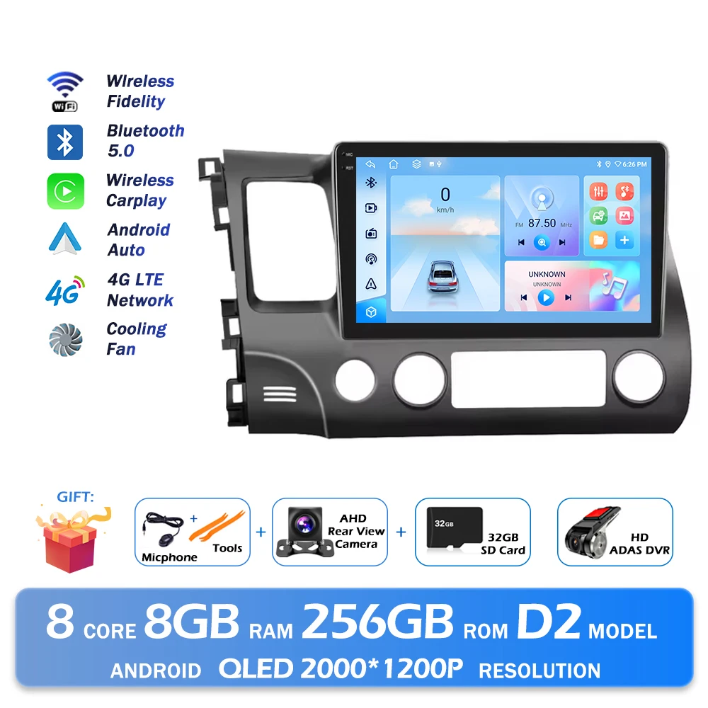 Android 16 Bluetooth Voor Honda Civic 2006-2011 Autoradio Intelligente Multimedia Speler Auto Draadloze CarPlay WIFI 4G DSP GPS