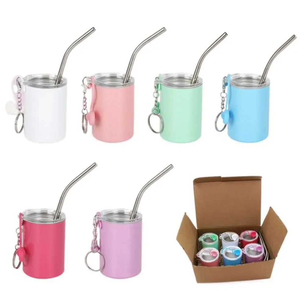 Stainless Steel Water Cup Keychain Shot Glass Coffee Cup Straw Cup Keyring Leak-proof Decoration Drinking Cup Pendant