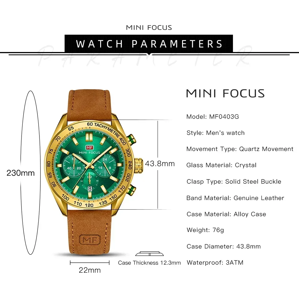 MINI FOCUS Chronograph Male Clock Relogio Masculino Waterproof Watch Men's Leather Army Military Quartz Wristwatch 0403G