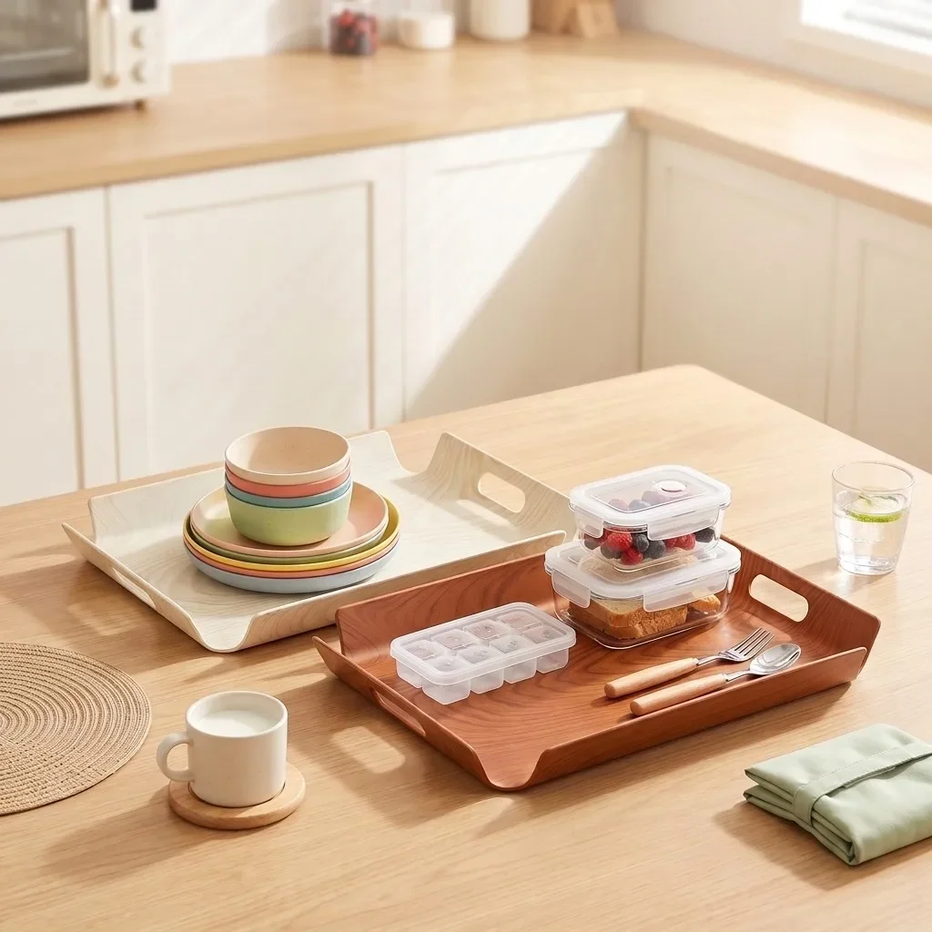 Plastic Serving Tray Wood Grain Decorative Tray Kitchen Organizer Tea Coffee Breakfast Food Storage Trays with Handles Stackable