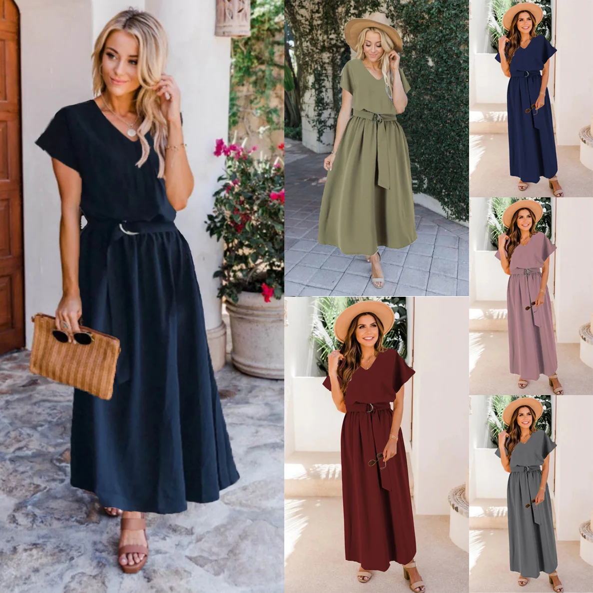 

Women's Summer Baggy Dress Casual V-Neck Solid Color Short Sleeve Large Hem Dress Tunic Beach Maxi Dresses Elegant Long Skirt