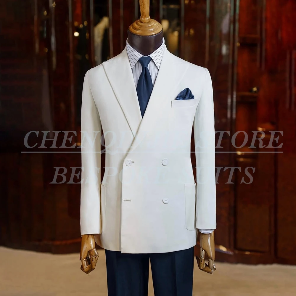 

Роскошные мужские костюмы на заказ, комплект из двух предметов, куртка, брюки, модное белое пальто с темно-синими брюками, мужская одежда, костюм Homme