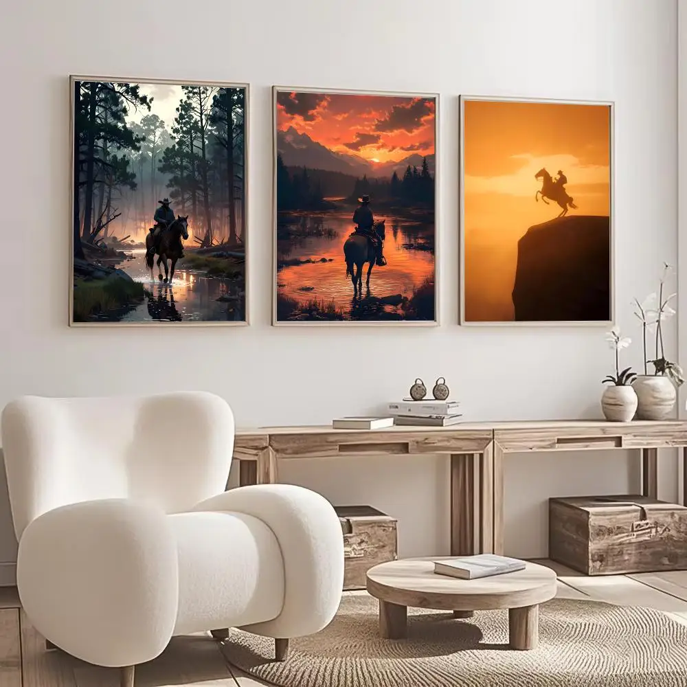 Lone Rider Cowboy Horse Silhouette Wall Art Print, Sunset Cliff Aesthetic Poster, Modern Home Decor for Living Room Bedroom