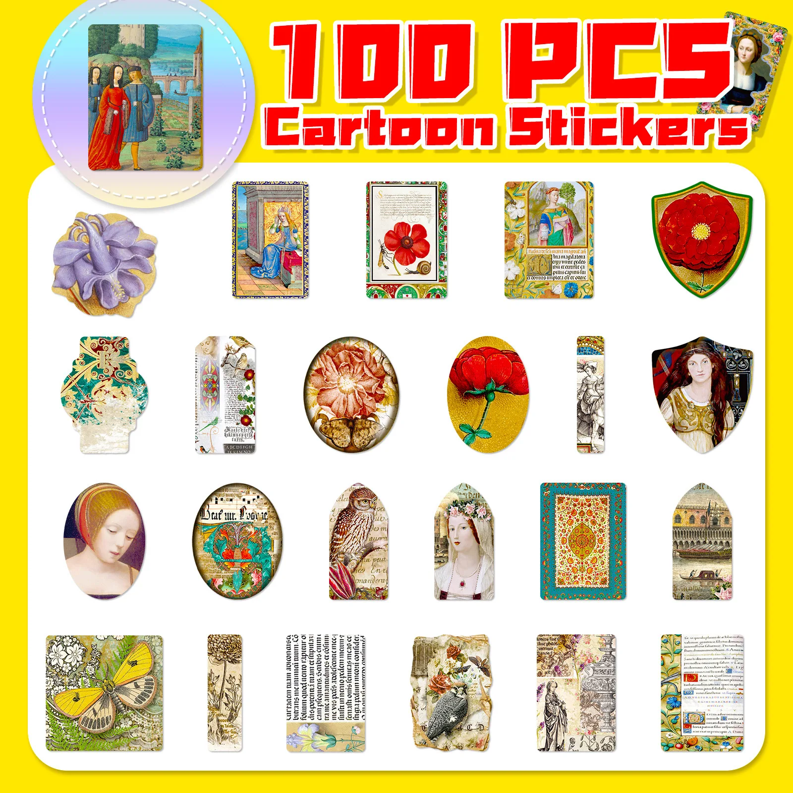 100pcs Non-repetitive Medieval Retro Classic Old Time Literature and Art Handbook Stickers