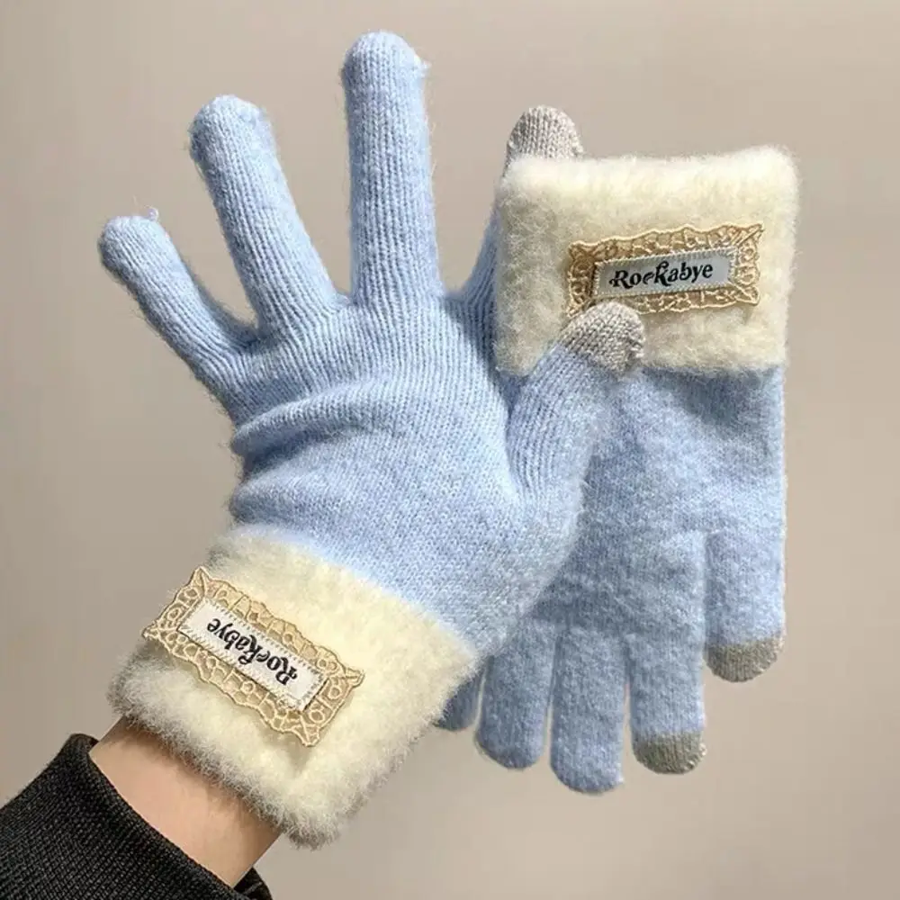 Korean Style Warm Knitted Gloves Touch-screen Cold-proof Full Finger Mittens Thicken Soft Riding Protective Mittens Daily Use