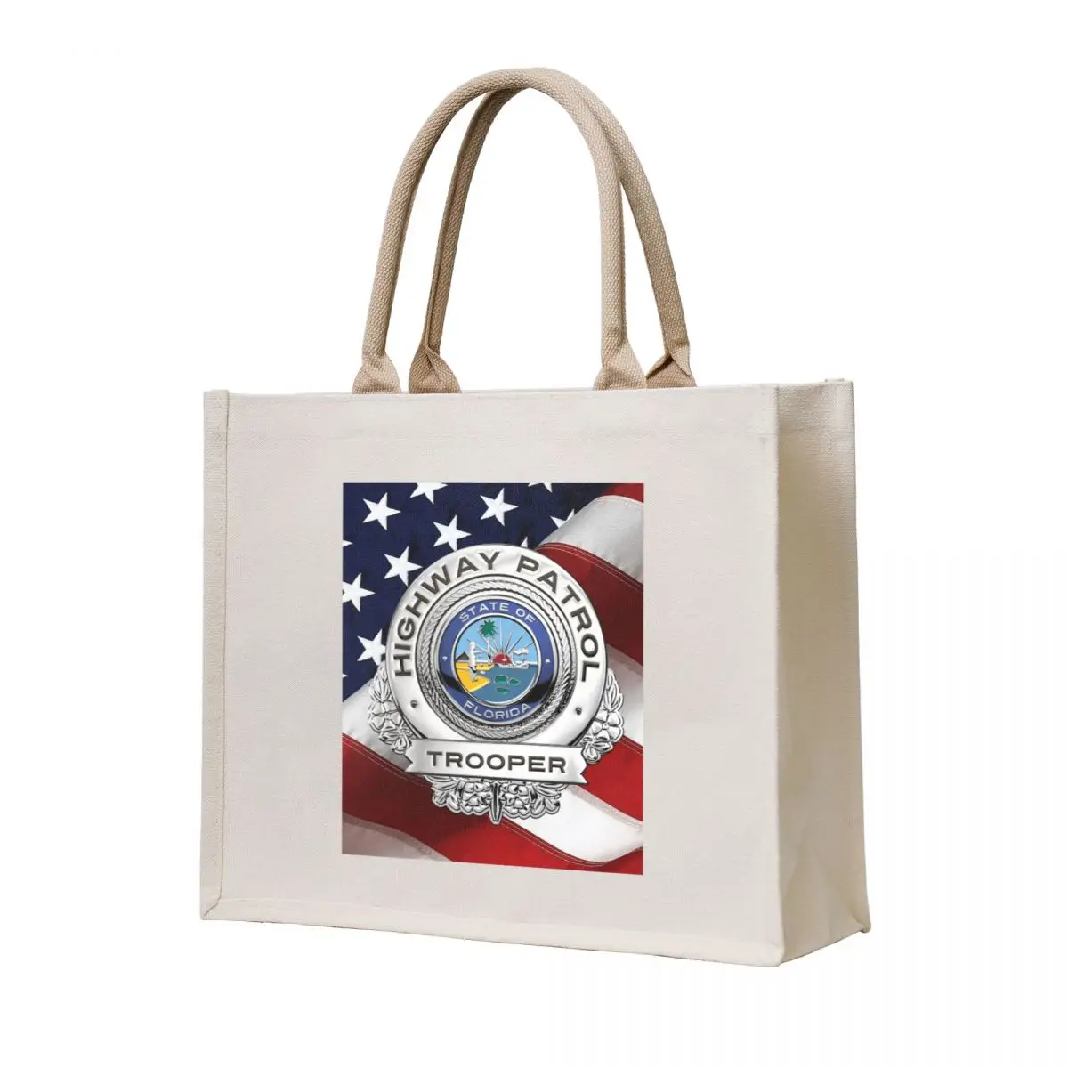 

Florida Highway Patrol - FHP Trooper Badge over American Flag Tote Bag personalized tote bag cute pouch bag Shopping bags