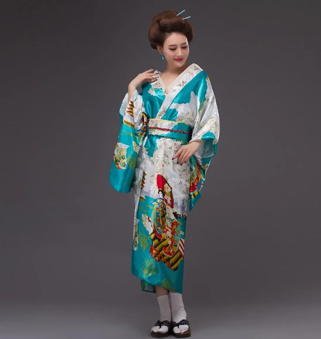 Vestido de banho feminino quimono japonês Yukata de seda falsa com performance Obi, vestido de dança preto, roupas cosplay vintage para senhoras