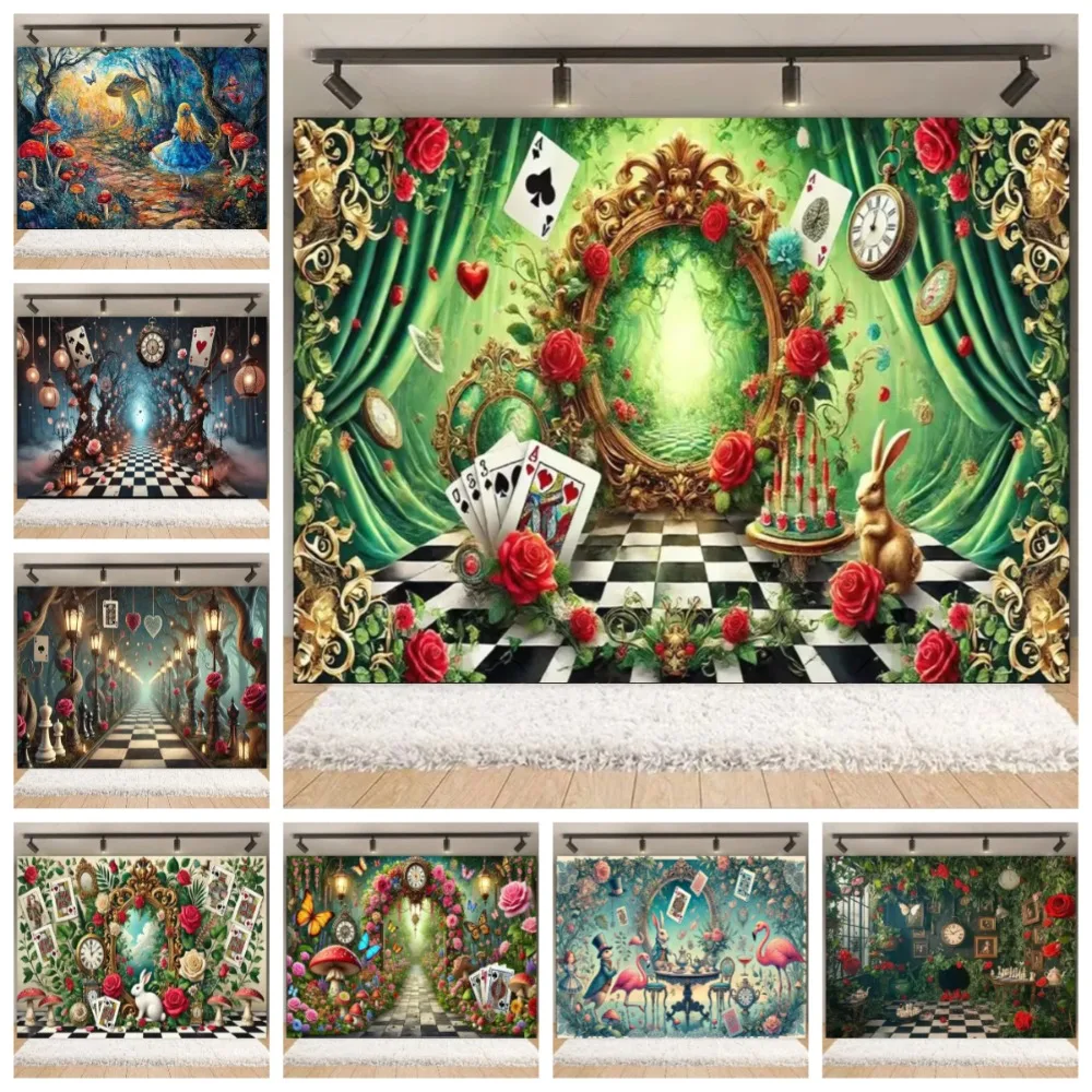 

Alice's Adventures in Wonderland Rabbit Chessboard Banner Background, Children Birthday Party Decoration Photography Background