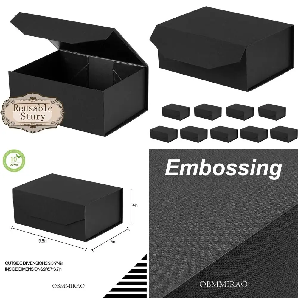 

10-Pack Matte Black Textured Magnetic Lid Gift Boxes, 9.5x7x4 Inches