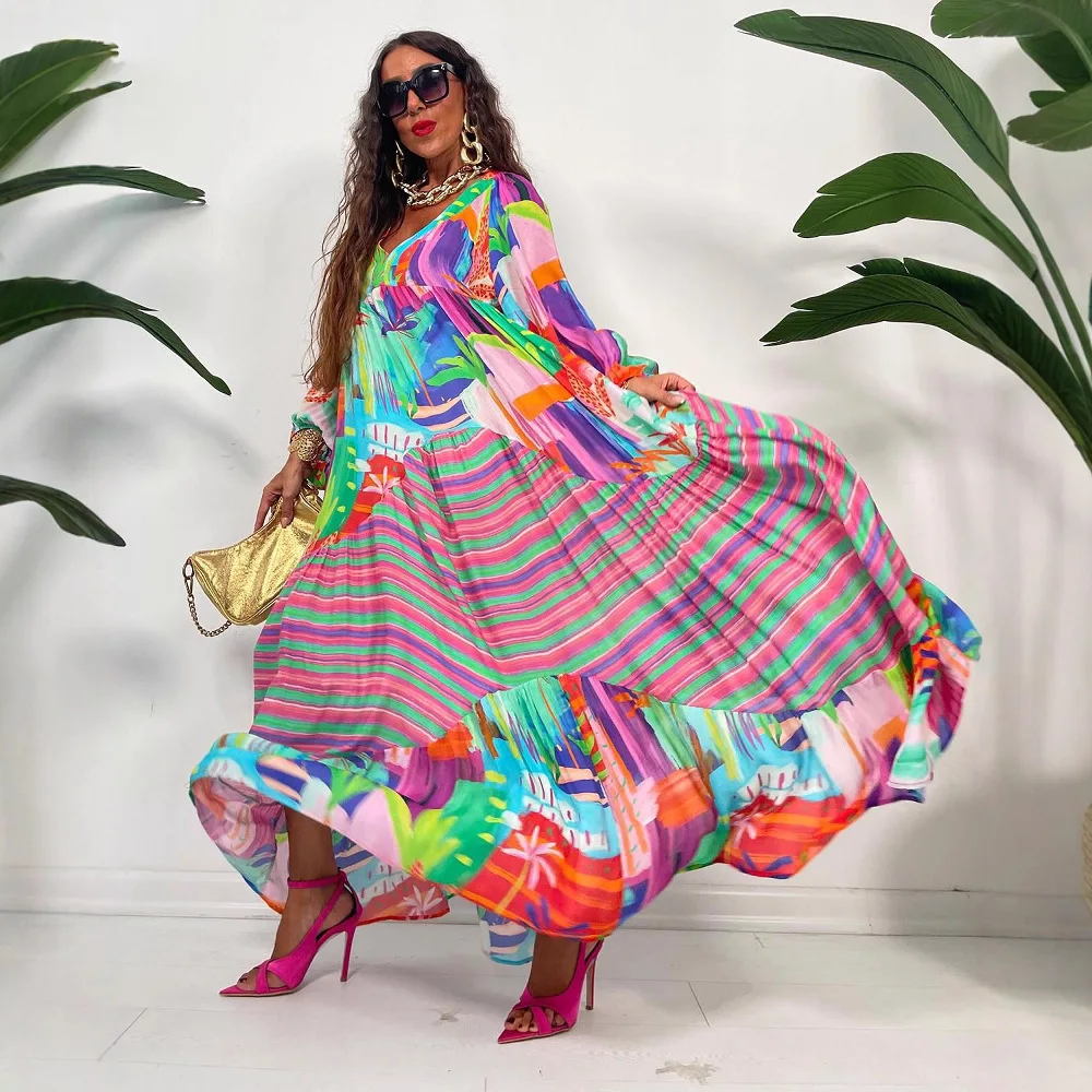 

Retro Watercolor Print Elegant Maxi Dress For Women 2025 Spring Autumn V-neck Big Swing Long Sleeves Pleated Party Dresses Robes
