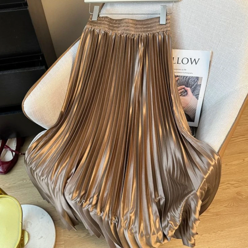 2026 New Glossy Gradient Metallic-color Pleated Skirt Women's Casual Maxi Skirts Elastic-waist Streetwear Big-hem A-line Skirts