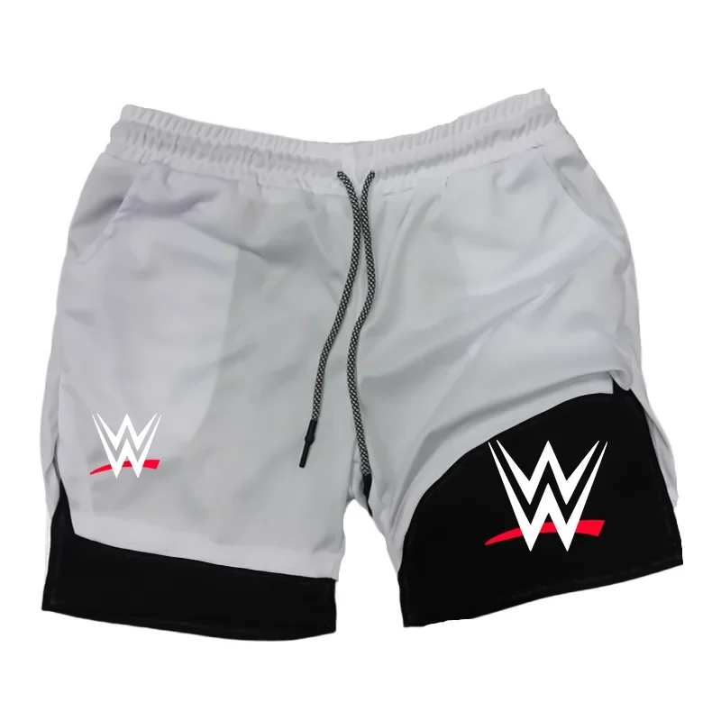 2025 جديد WWE شعار أمريكي الطباعة 2 في 1 الرجال تشغيل السراويل اللياقة البدنية أداء السراويل مع جيب للهاتف منشفة حلقة الرياضة