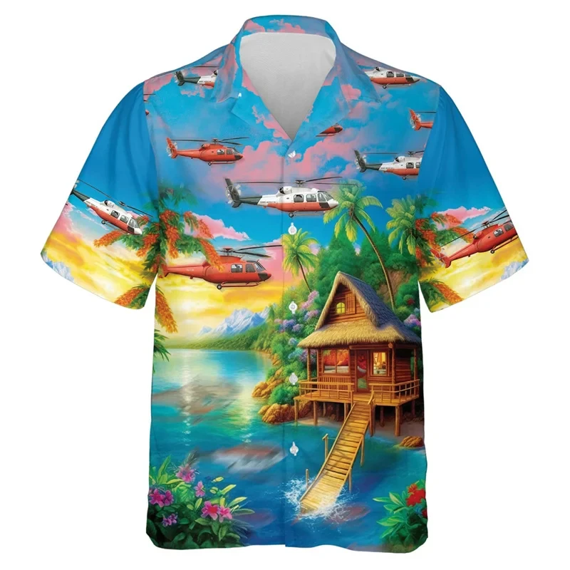 Full print Aircraft Graphic Shirts For Men Fashion Casual Plane Hawaiian Beach Shirt Air Force Men'sShort Sleeve Lapel Blouse