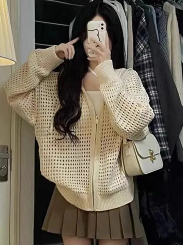 Lightweight Knitted Zipper Hoodie Women's Spring Summer Korean Style Hollow Design Cardigan Long Sleeve  Color Commute F...