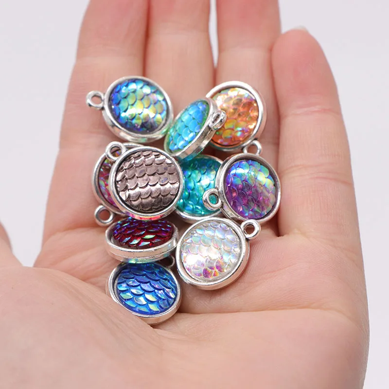 15pcs/lot 12mm Two Sided Resin Mermaid Scale Charm Colorful Faux Cabochon Charms DIY Jewelry Pendant