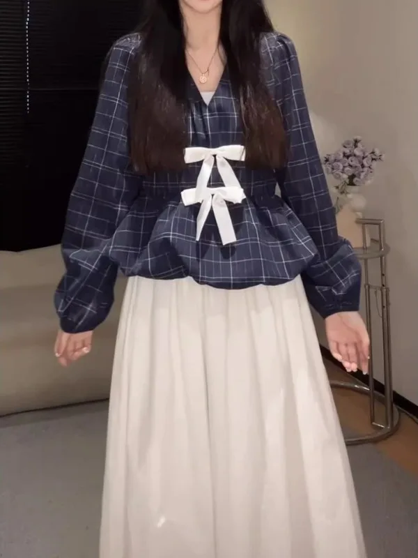 

plus Size Women's irt V-Ne Long Sve Knot Waist Cinched Anti-Aging Top Korean Sle Commute Polyester Fiber