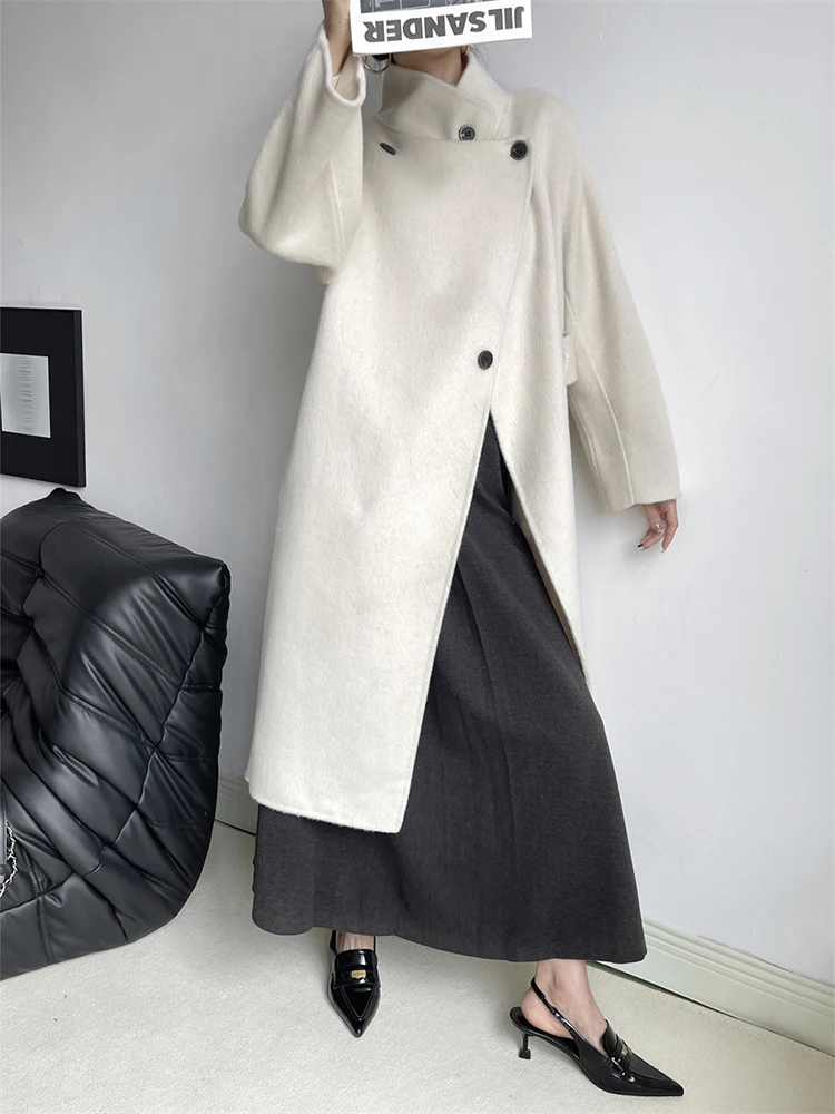 BZVW Fashion Double Sided Woolen Coat For Women Stand Collar Solid Color Mid Length Coats 2024 Female Autumn Winter New 25A8675