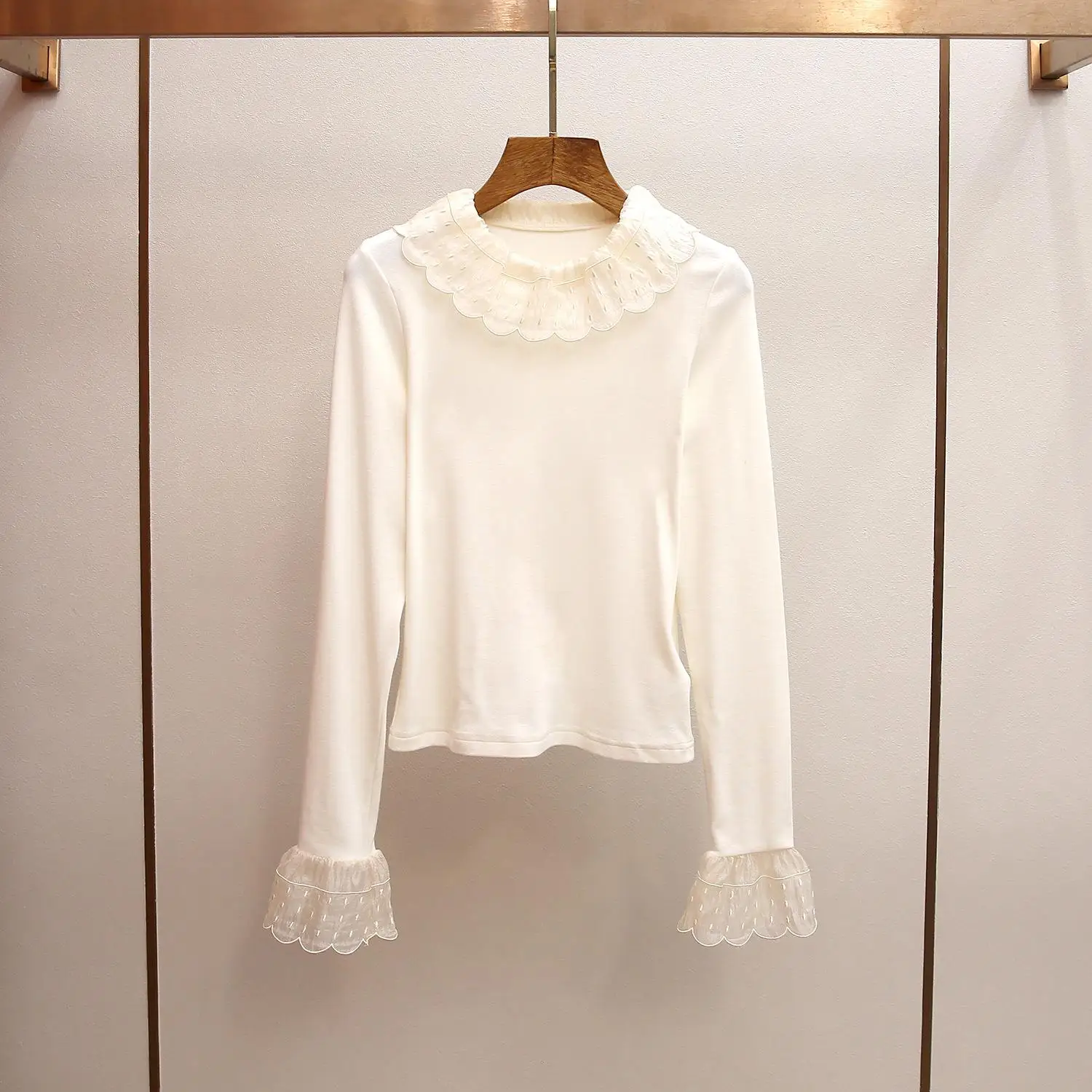 

Sweet Style Spliced Collar Knitted Top Women's Fashion Spring New Slim Fit High Sleeve Early Spring New Arrival