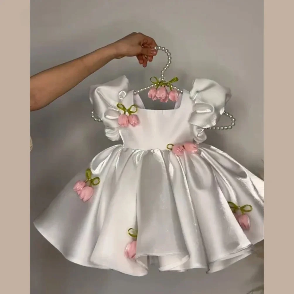 Custom Puff Sleeve Satin 3D Floral Short Luxury Dress Women Wedding Guest Gown Kids Birthday Party Outfit for Pageant Runway