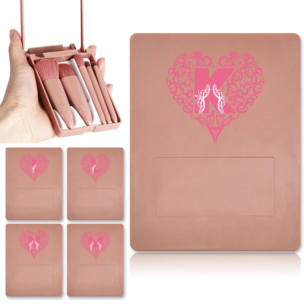 

5 Pcs Makeup Brush Set With Bright Mirror Storage Box Eyeshadow Smudge Lip Brushes Kit With Organizer Case Love Letter Pattern