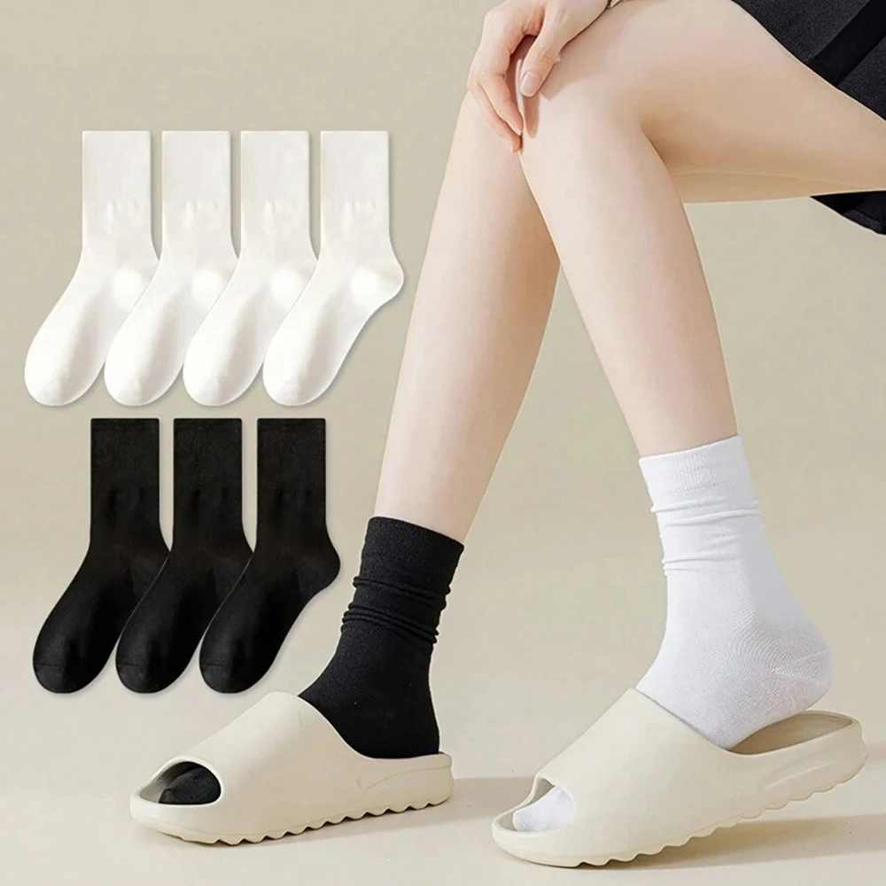 7 Pairs Women Round Neck Socks Fashionable Versatile Black White Solid Boneless Soft Sweat Absorbing Breathable Casual Socks image 6