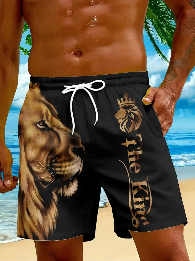 

Новинка 2024 года, мужские пляжные шорты, летние свободные шорты для плавания с рисунком Короля Льва, Гавайские праздничные шорты с эластичной резинкой на талии и шнурком для мужчин