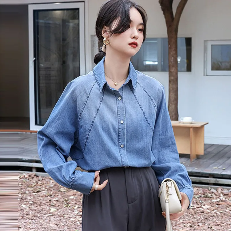 Women Casual Denim Shirt New Arrival 2024 Autumn Vintage Style Raglan Sleeve Basics Office Lady Elegant Tops Shirts W1929