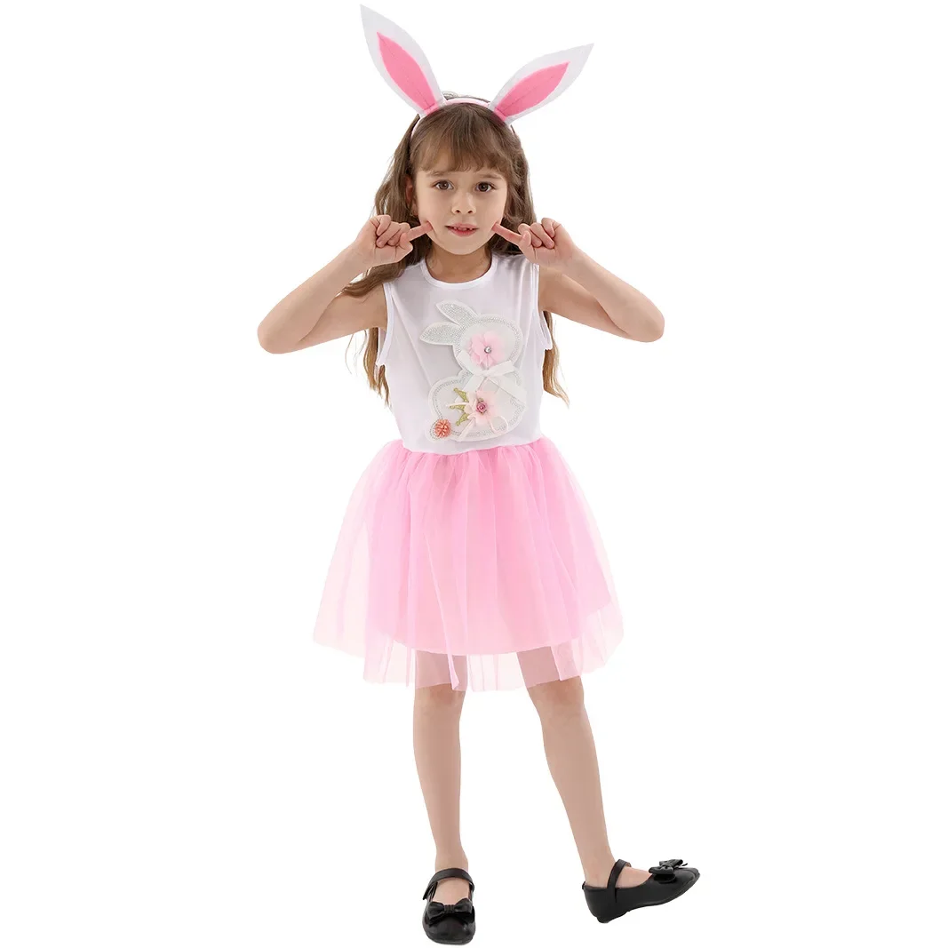 Robe de Pâques lapin rose imbibé d'animaux pour filles, tenue de cosplay pour Halloween, fête, performance sur scène scolaire, olympiques pour enfants, nouveau