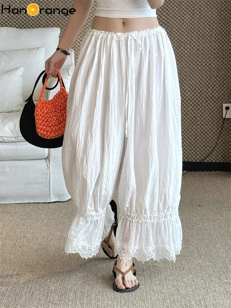 

HanOrange 2026 Summer Wave Playful Elastic Lace Lace Splicing Lantern Pants Women Loose Ankle Length Trousers White