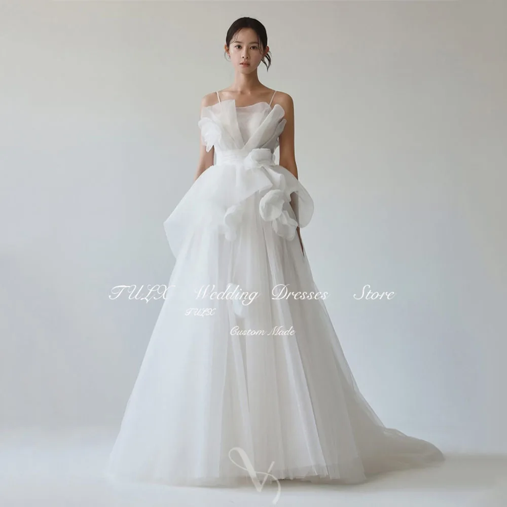 

TULX Elegant Straps Strapless Pleat Korea Wedding Photo Shoot Dress 웨딩드레스 Tulle A-Line Floor Length Bridal Gown Corset Custom