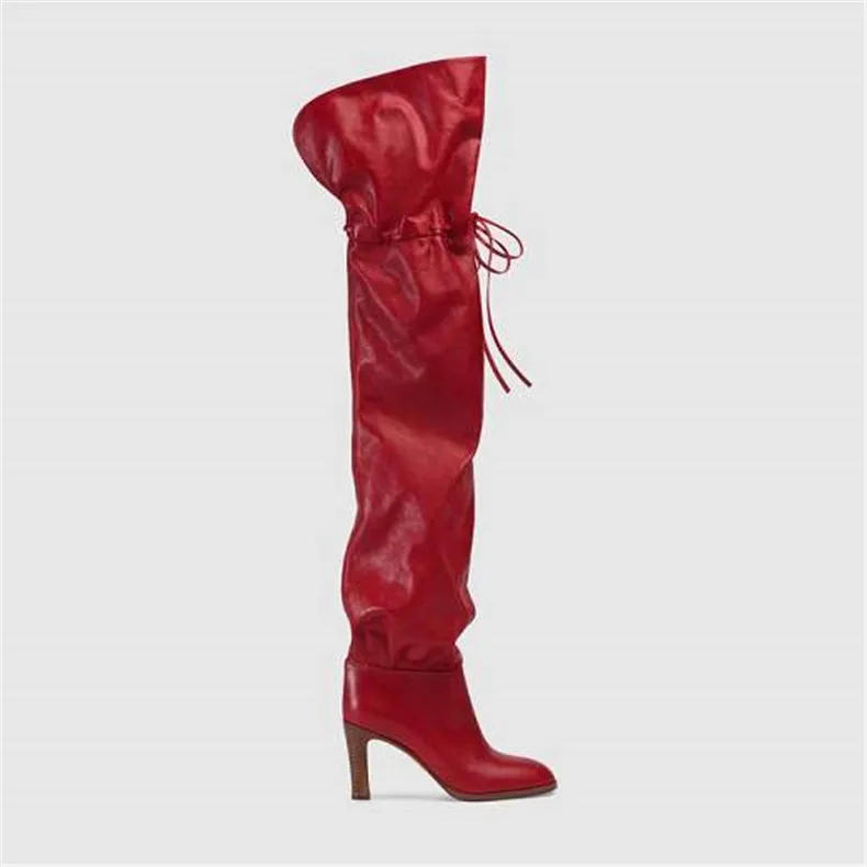 Autumn Winter Newest Slim Fit Red Leather Thigh High Boots Strap Long Spike High Heel Designer Plush Botines Shoes Woman 2023