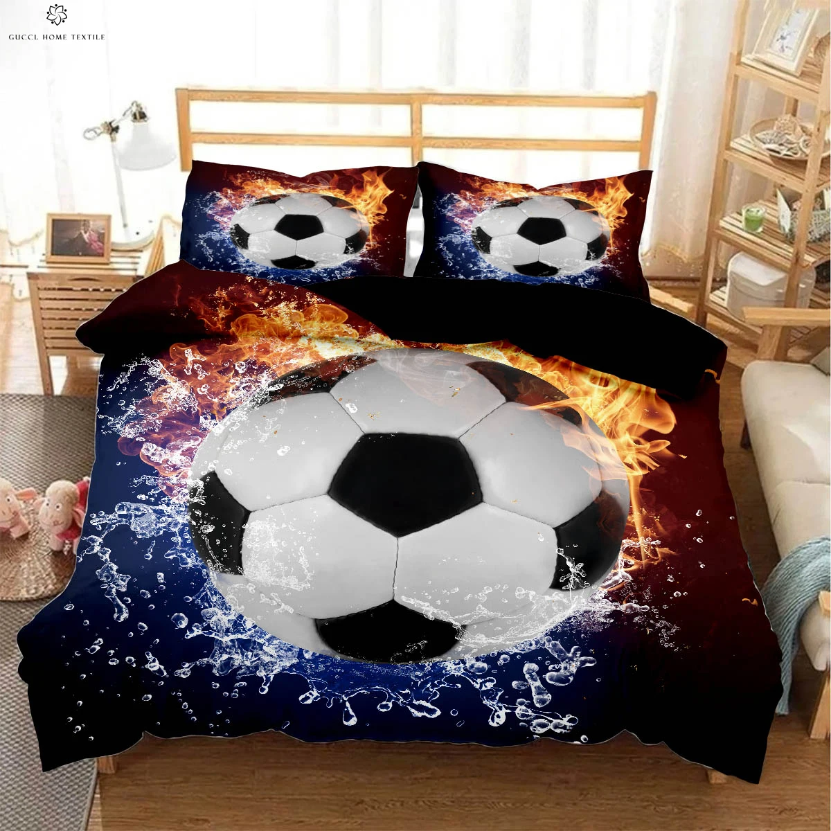 Water and Fire Poles Football Sports 3D Printed Quilt Cover 100% Polyester Machine Washable Bedding Set Quilt Cover Pillowcase