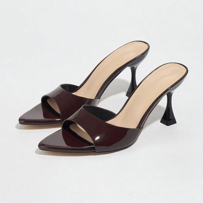 

Summer 8CM Thin Heels Slippers Woman Elegant Patent Leather Pointed Toe Slides Mules Party Dress Slip On Sandals Ladies Shoes