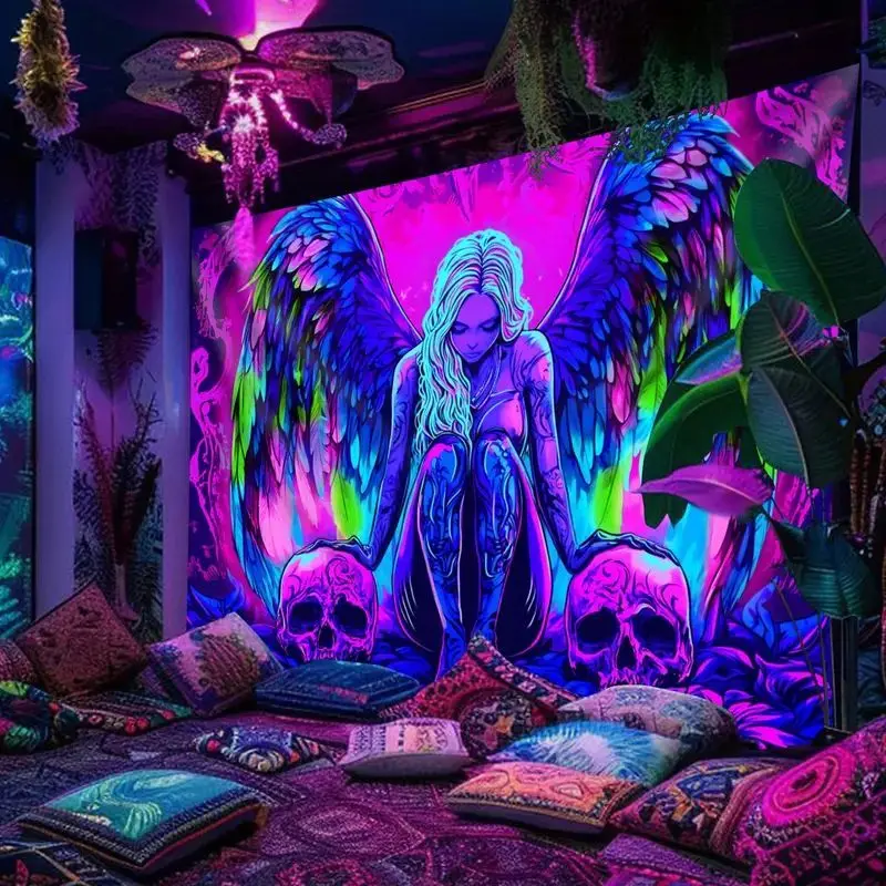VIKAMA Neon Angel Wings Skulls Gothic Grunge Art Tapestry Wall Hanging for Bedroom Living Room Dorm Room Aesthetic Decor