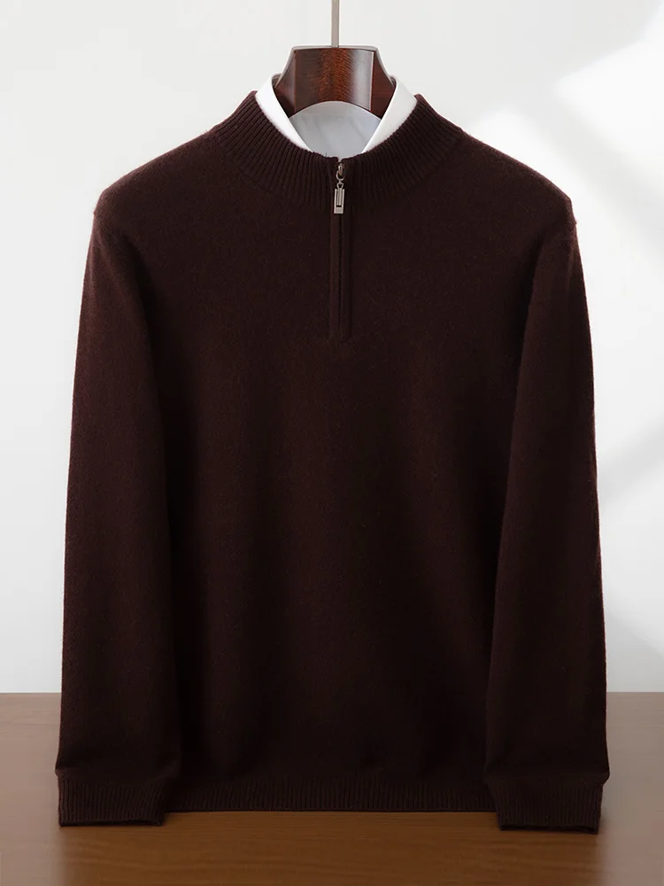 High Quality Men 100% Cashmere Sweater Mock Neck Zippers Pullover Autumn Winter Smart Casual Cashmere Knitwear Soft Warm Clothes