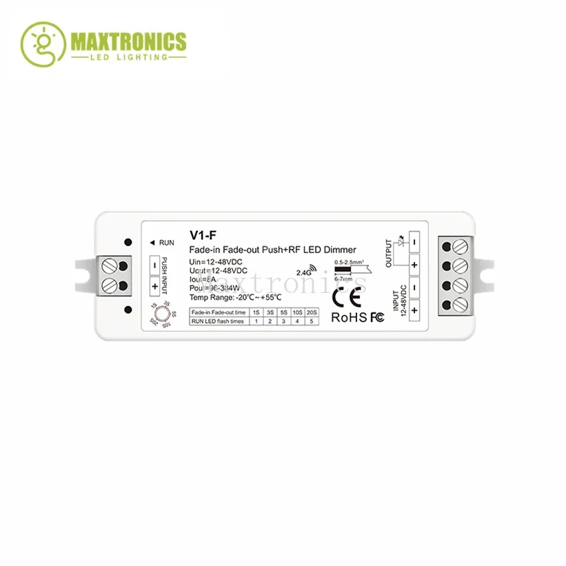 

12V-48VDC 1CH*8A CV Fade-in Fade-out RF LED Dimmer Push Dim V1-F 5 Fading Speed/Step-less Dimming For Single Color LED Strip