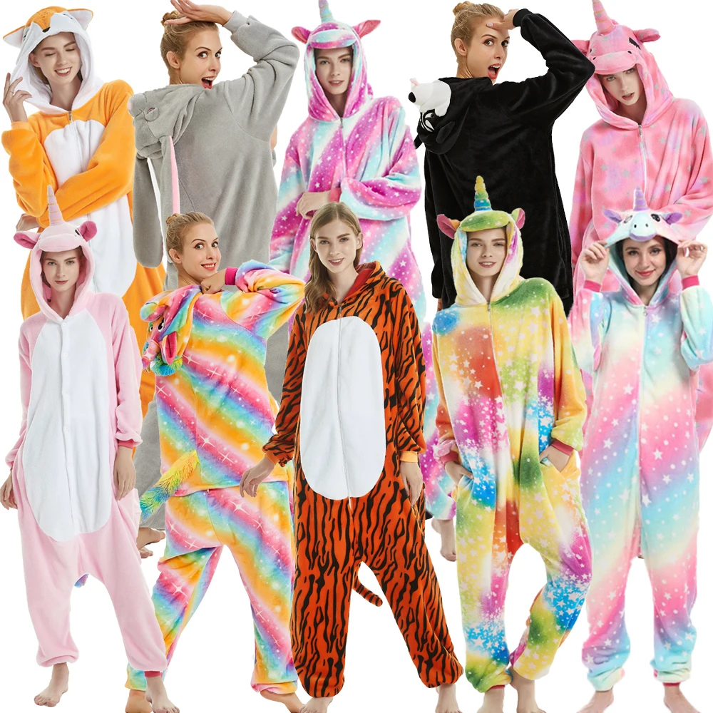 Animal Kigurumis for Women Winter Flannel Warm Pajamas Unicorn Lion Dinosaur Hooded Sleepwear Jumpsuit Cospaly Costumes Adult