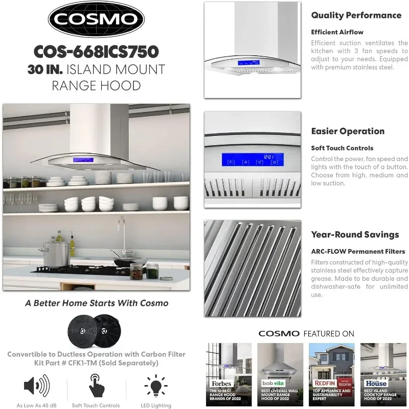 COSMO 668ICS750 30 in. Tudung jangkauan pemasangan pulau dengan 380 CFM, kontrol sentuh lembut, filter permanen, lampu LED